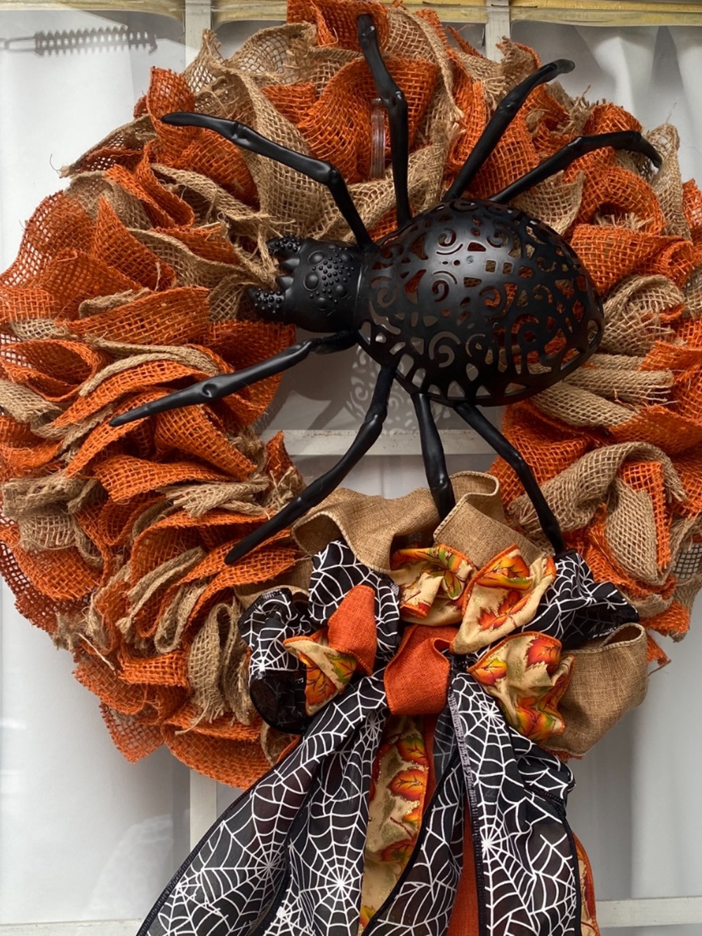 Spider Halloween Fall Door Wreath Burlap ribbon spiderweb Bow
